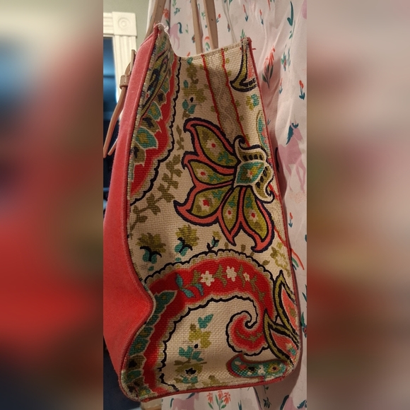 Spartina 449 Pink & Green Pineapple Paisley Linen Boho Casual Tote Purse Bag - Picture 5 of 13